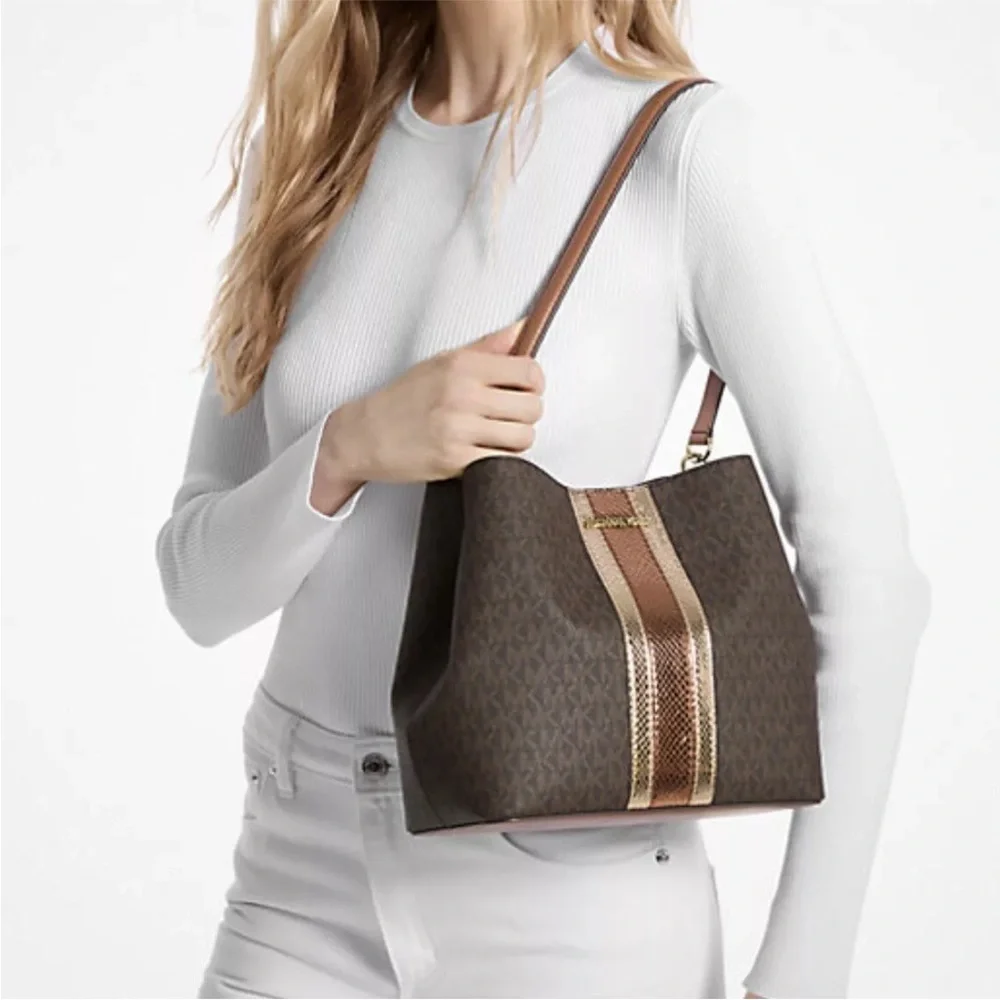 Michael Kors Pratt Medium Signature Logo and Metallic Should…
